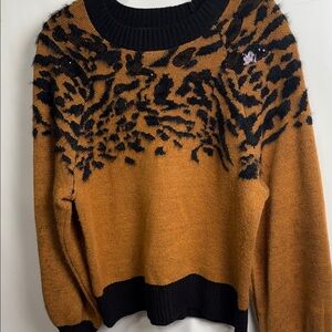 DKNY Mustard Brown Crewneck Sweater with Black Animal Print